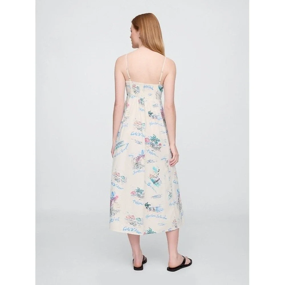 New Gap Dress Medium Fit & Flare Midi Vacationland White Spaghetti Strap Cotton